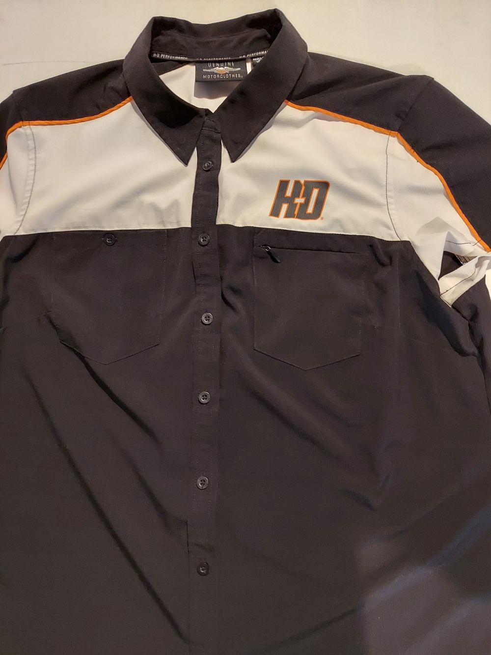 Wonen'sHarley-Davidson Black White Button-Down Shirt with Orange Accents